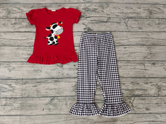 Girls red cow embroidery outfit
