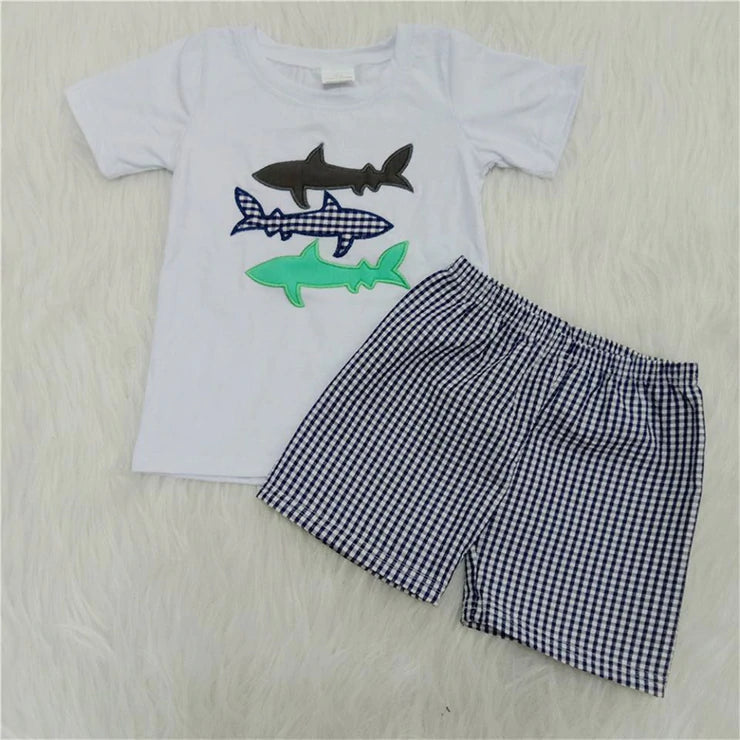 Boy shark embroidery shorts set