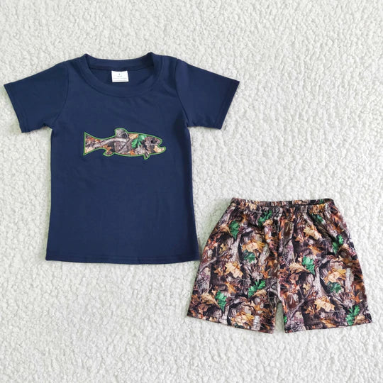 Fishing embroidery navy camo shorts sleeve set