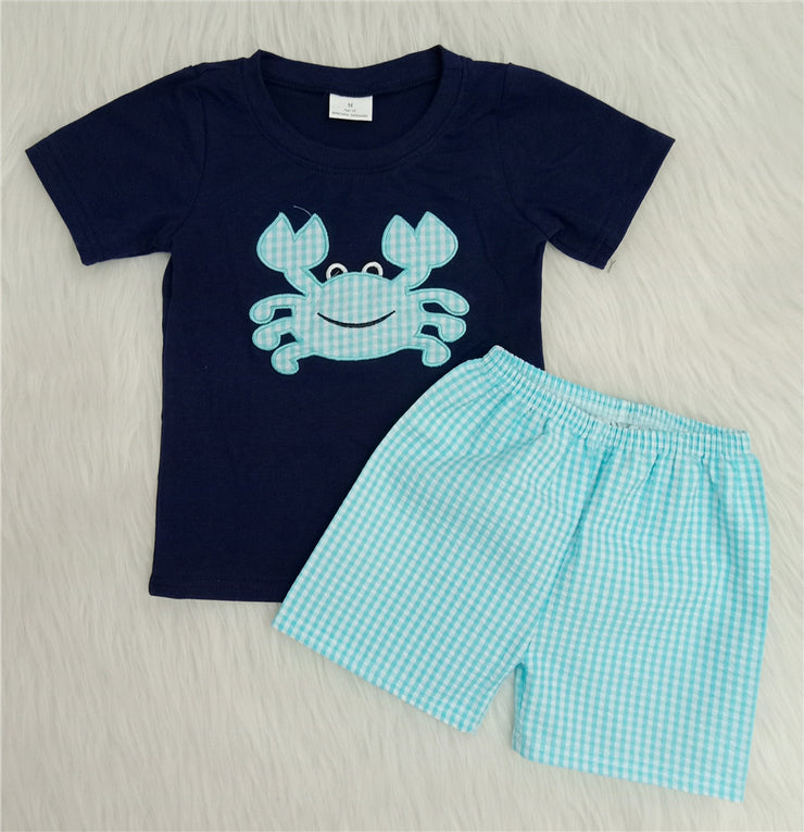 Boy summer navy crab embroidery woven shorts set