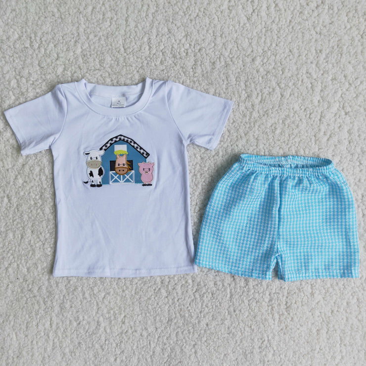 Boy summer farm cow house embroidery woven shorts set