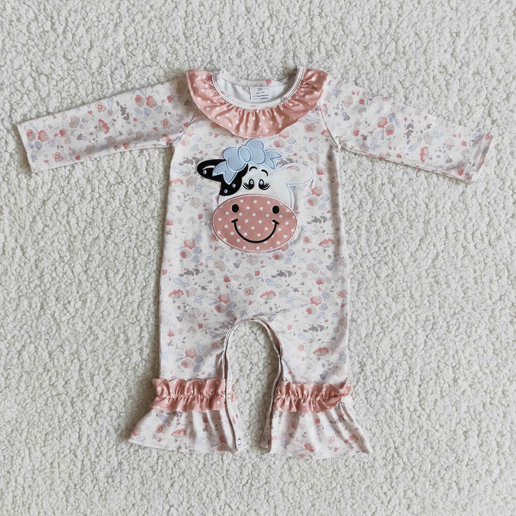 Long sleeve cow farm embroidery romper