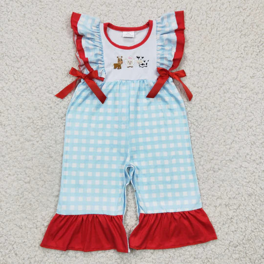 Red farm embroidery cow print romper