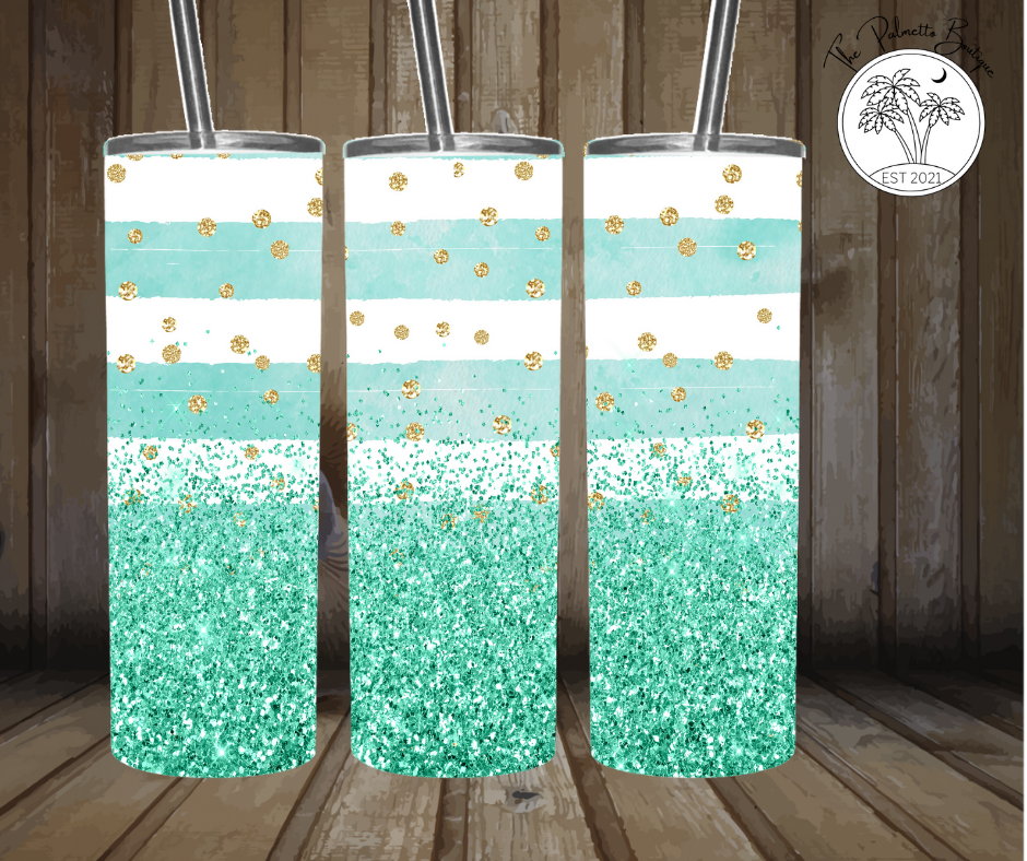 mint striped with gold dots glitter 20oz Tumbler